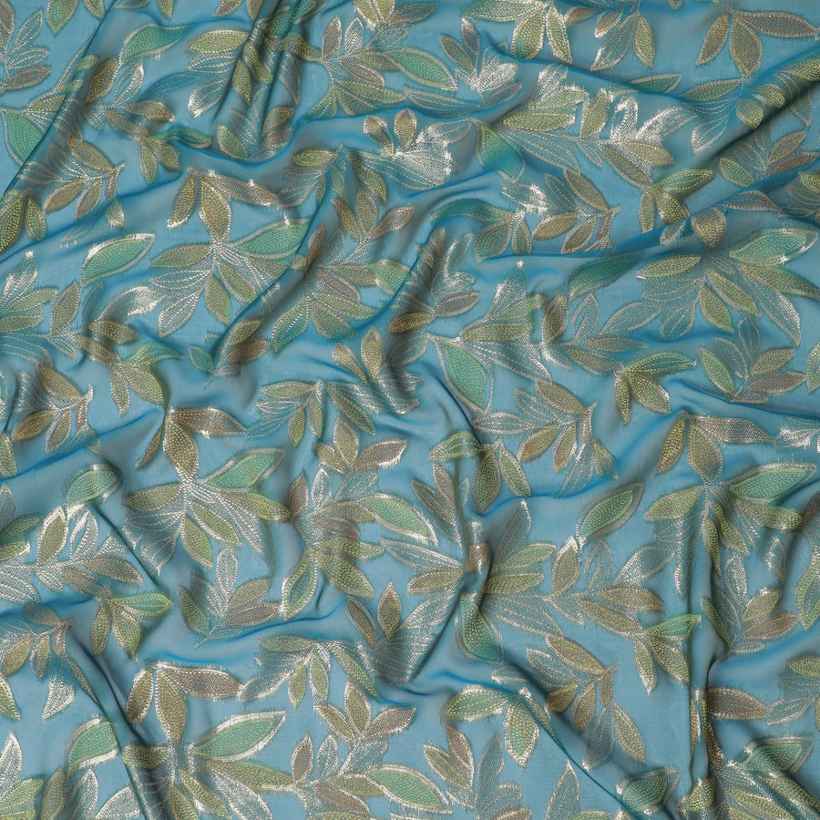 Petrol blue Premium pure silk chiffon fabric with lime green viscose and gold metallic lurex in Leaf Design-D16550