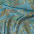 Petrol blue Premium pure silk chiffon fabric with lime green viscose and gold metallic lurex in Leaf Design-D16550