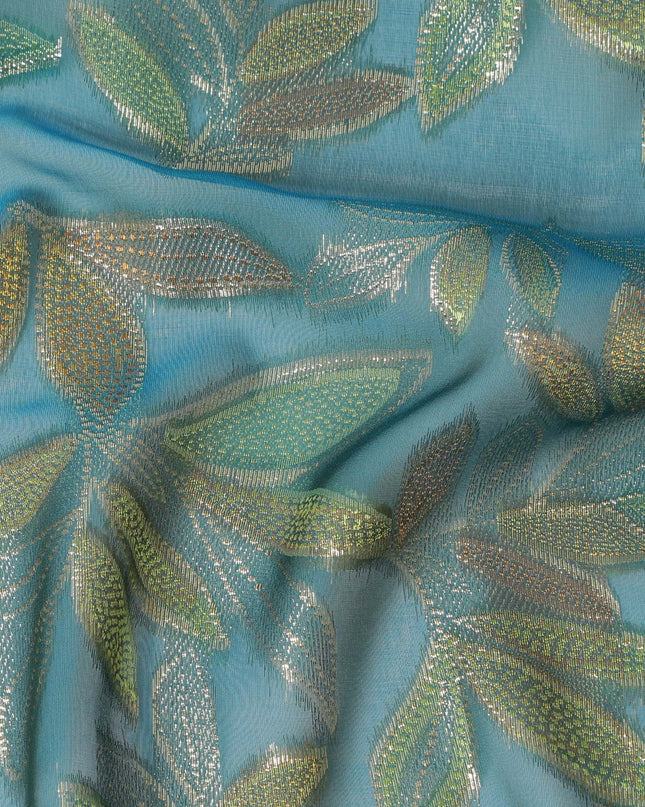 قماش شيفون من الحرير الخالص باللون الأزرق البترولي مع الفيسكوز الأخضر الليموني والوركس المعدني الذهبي بتصميم Leaf Design-D16550