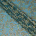 Petrol blue Premium pure silk chiffon fabric with lime green viscose and gold metallic lurex in Leaf Design-D16550
