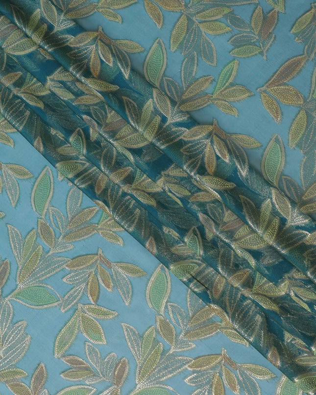 قماش شيفون من الحرير الخالص باللون الأزرق البترولي مع الفيسكوز الأخضر الليموني والوركس المعدني الذهبي بتصميم Leaf Design-D16550