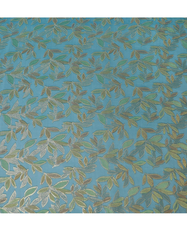 قماش شيفون من الحرير الخالص باللون الأزرق البترولي مع الفيسكوز الأخضر الليموني والوركس المعدني الذهبي بتصميم Leaf Design-D16550