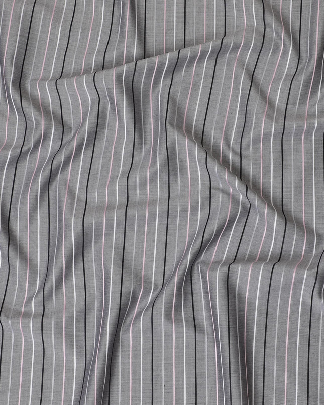 Grey Premium pure Swiss 100% cotton shirting fabric with white, black and baby pink print in stripe design-D16612