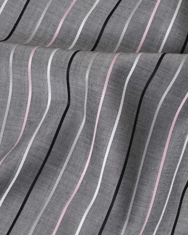 Grey Premium pure Swiss 100% cotton shirting fabric with white, black and baby pink print in stripe design-D16612