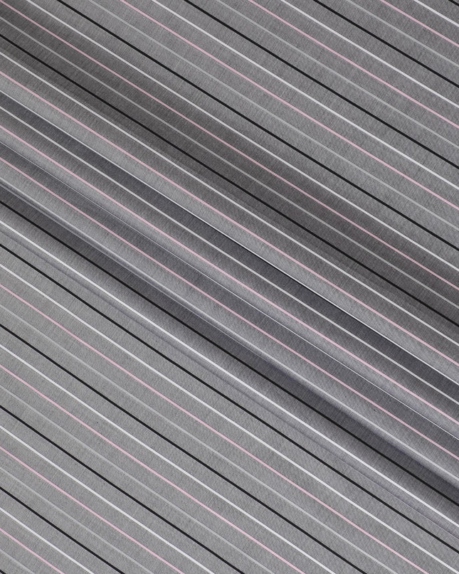 Grey Premium pure Swiss 100% cotton shirting fabric with white, black and baby pink print in stripe design-D16612