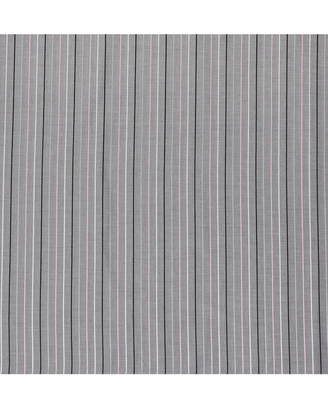Grey Premium pure Swiss 100% cotton shirting fabric with white, black and baby pink print in stripe design-D16612