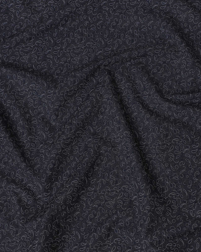 Black blended cotton shirting fabric with white and brown print in paisley design-D16613
