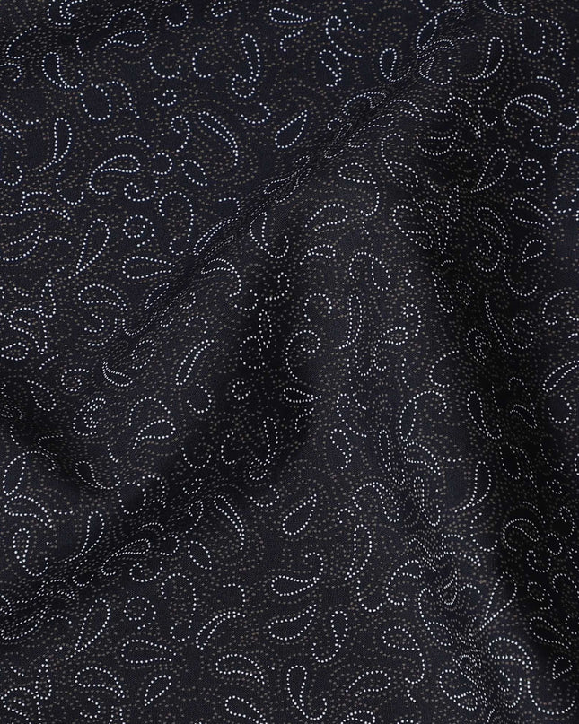 Black blended cotton shirting fabric with white and brown print in paisley design-D16613