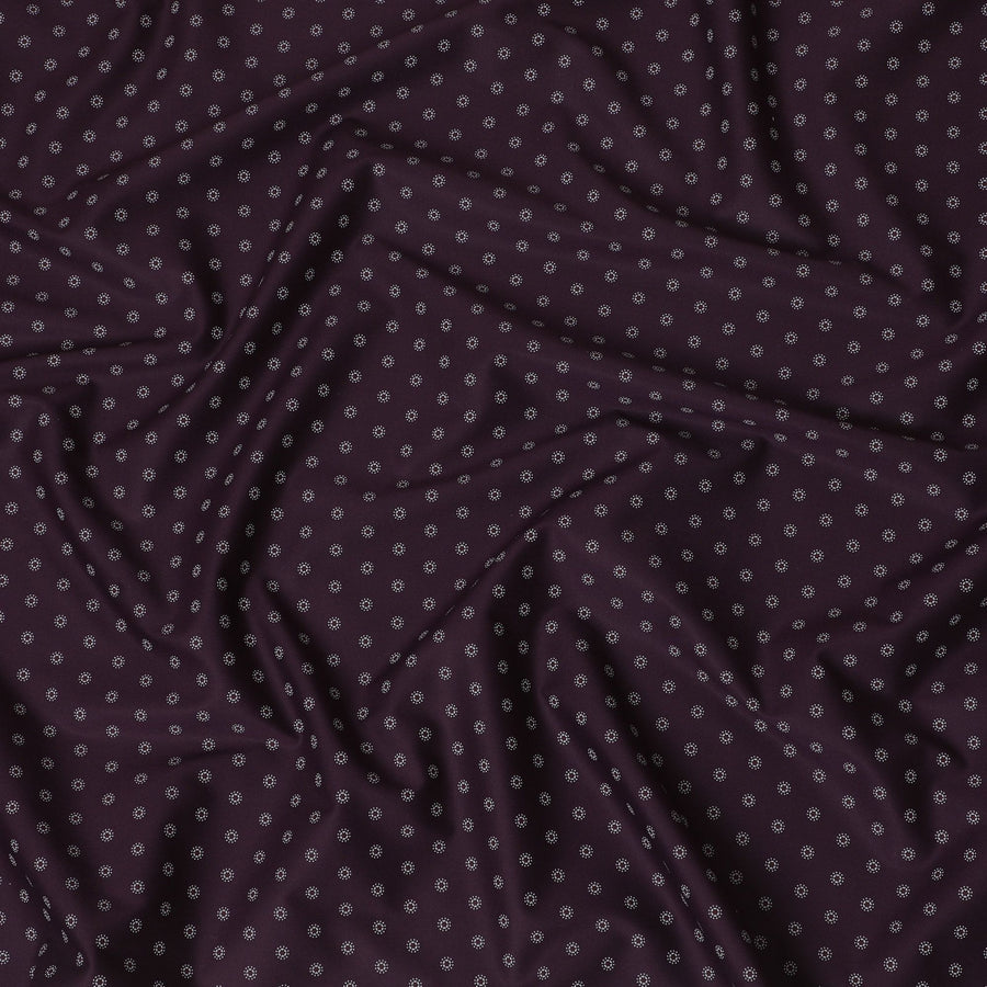 Dark plum blended cotton shirting fabric with white print in floral design-D16614