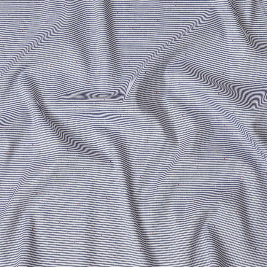White blended cotton shirting fabric with blue print having multicolor jacquard in stripe design-D16617