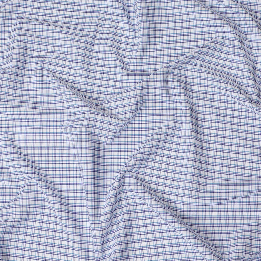 White blended cotton shirting fabric with blue print in checks design-D16629