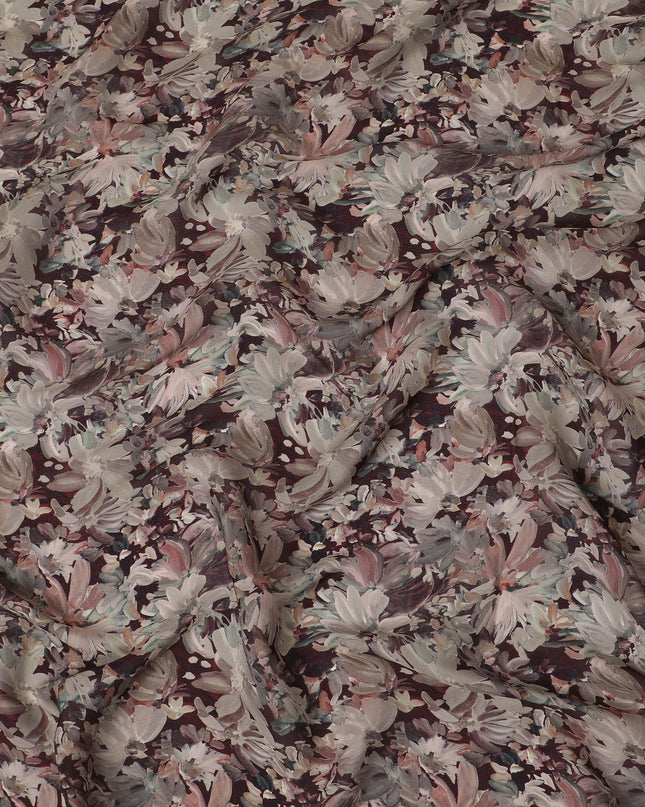 Maroon synthetic crepe fabric with multicolor print in floral design-D16721