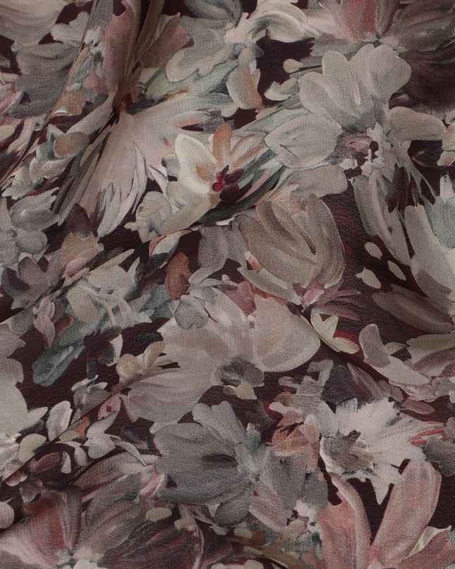 Maroon synthetic crepe fabric with multicolor print in floral design-D16721