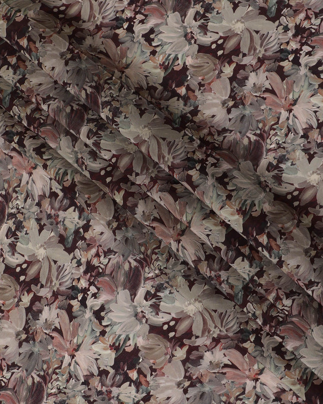 Maroon synthetic crepe fabric with multicolor print in floral design-D16721