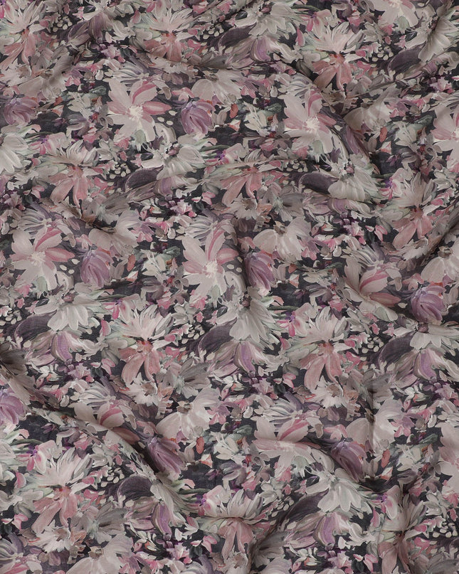Black synthetic crepe fabric with multicolor print in floral design-D16723