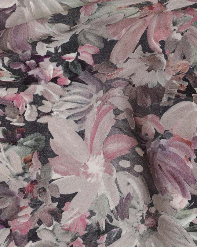 Black synthetic crepe fabric with multicolor print in floral design-D16723