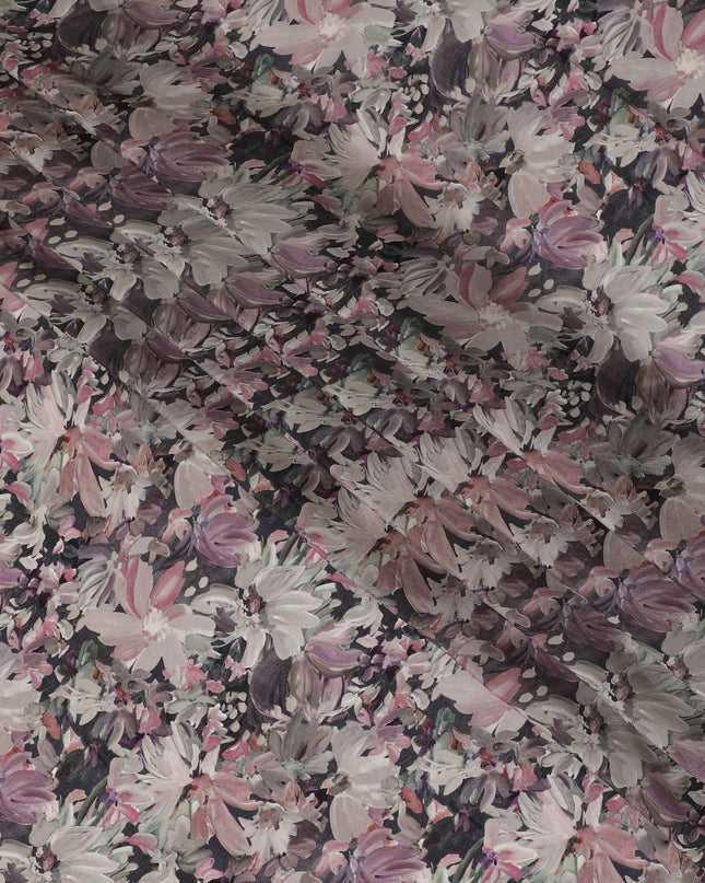 Black synthetic crepe fabric with multicolor print in floral design-D16723