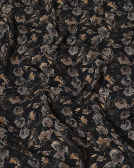 Black synthetic crepe fabric with multicolor print in floral design-D16728
