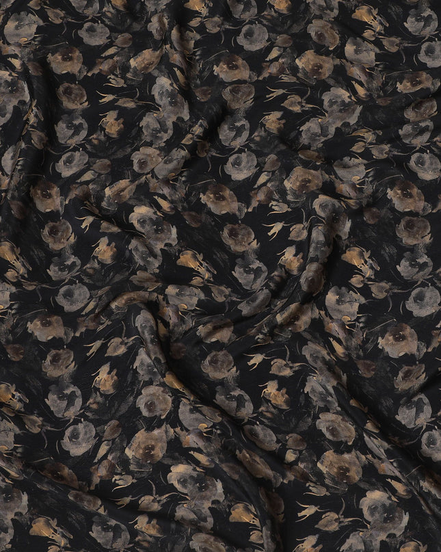 Black synthetic crepe fabric with multicolor print in floral design-D16728