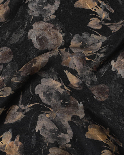 Black synthetic crepe fabric with multicolor print in floral design-D16728