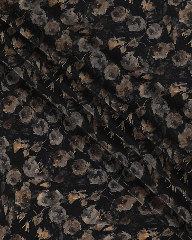Black synthetic crepe fabric with multicolor print in floral design-D16728