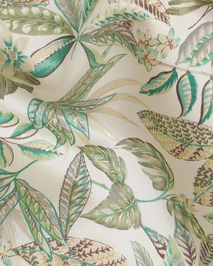 Cream Synthetic blended  cotton fabric with multicolor print having gold foil in floral design-D16729