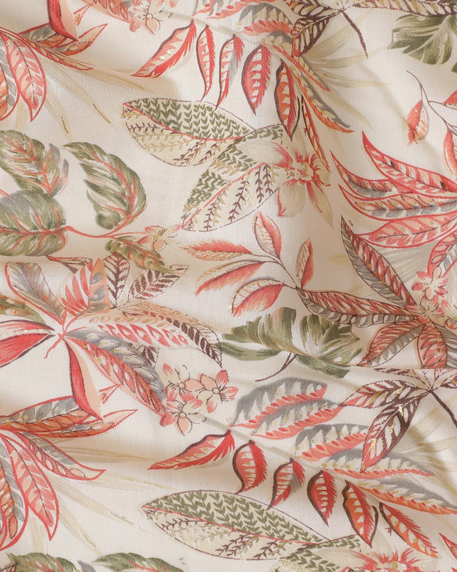 Cream Synthetic blended  cotton fabric with multicolor print having gold foil in floral design-D16730