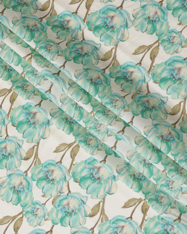 Cream Synthetic blended  cotton fabric with turquoise green, olive green and gold foil print having gold foil in floral design-D16731