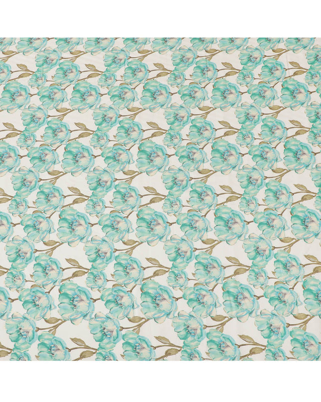 Cream Synthetic blended  cotton fabric with turquoise green, olive green and gold foil print having gold foil in floral design-D16731
