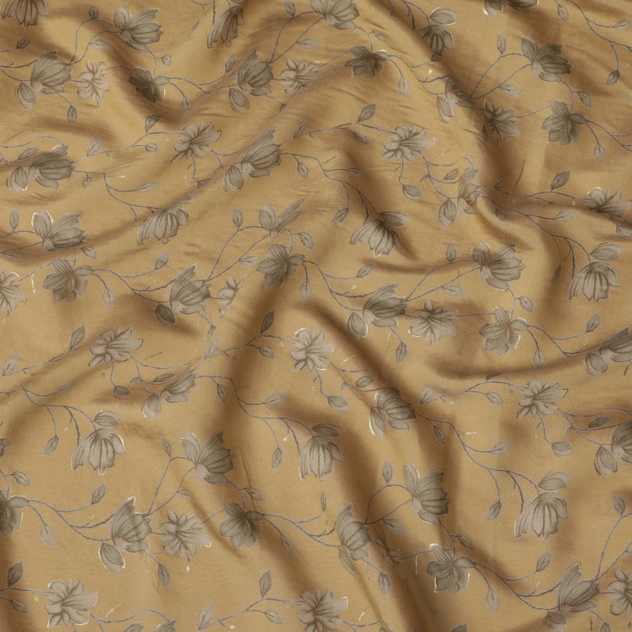 نسيج قطن صناعي مخلوط باللون الأخضر الزيتوني بنفس اللون وطباعة رقائق ذهبية بتصميم زهور -D16733