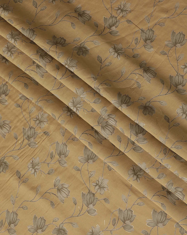 Olive green Synthetic blended cotton fabric with same tone and gold foil print in floral design-D16733