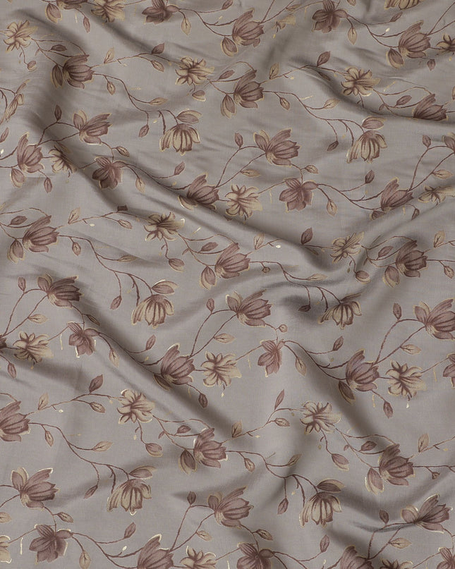 Grey Synthetic blended cotton fabric with brown, olive and gold foil print in floral design-D16734