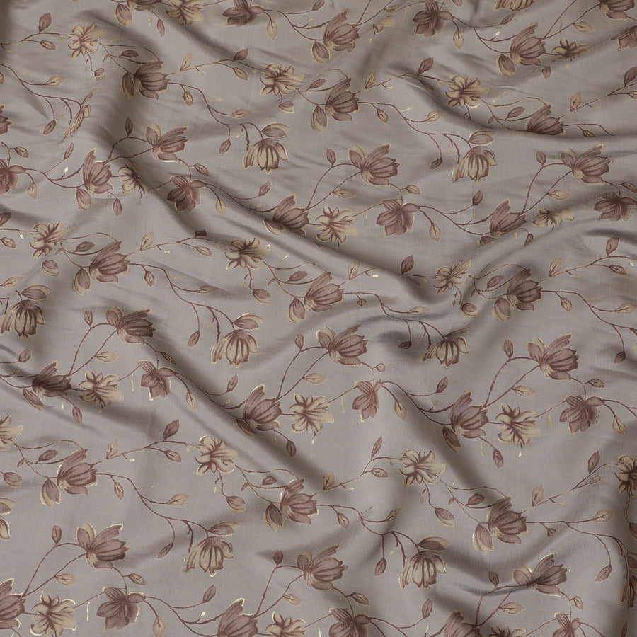 Grey Synthetic blended cotton fabric with brown, olive and gold foil print in floral design-D16734