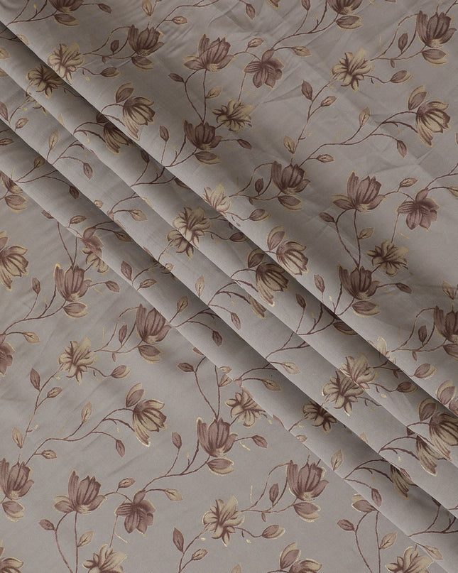 Grey Synthetic blended cotton fabric with brown, olive and gold foil print in floral design-D16734