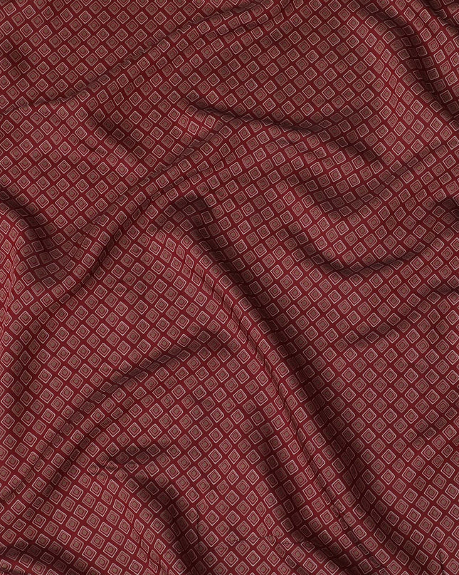 Maroon Synthetic blended  cotton fabric with beige, brick red and pale brown print in geometric design-D16737