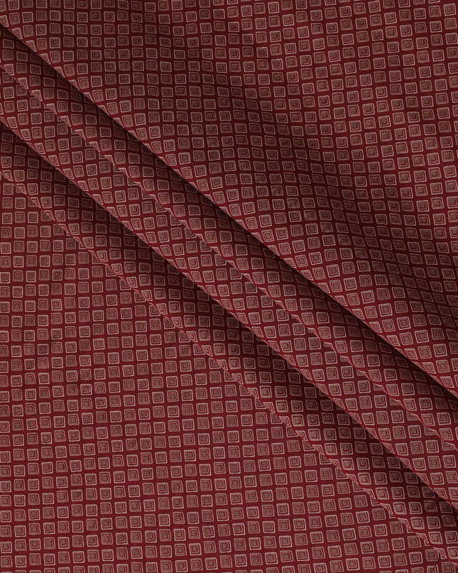 Maroon Synthetic blended  cotton fabric with beige, brick red and pale brown print in geometric design-D16737