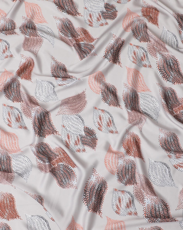 Beige synthetic satin fabric with multicolor print in leaf design-D16837