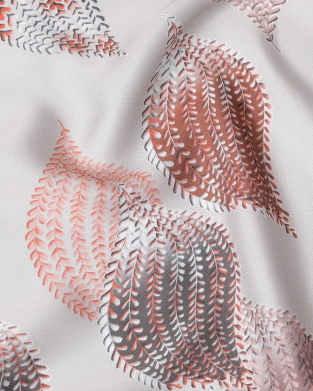 Beige synthetic satin fabric with multicolor print in leaf design-D16837