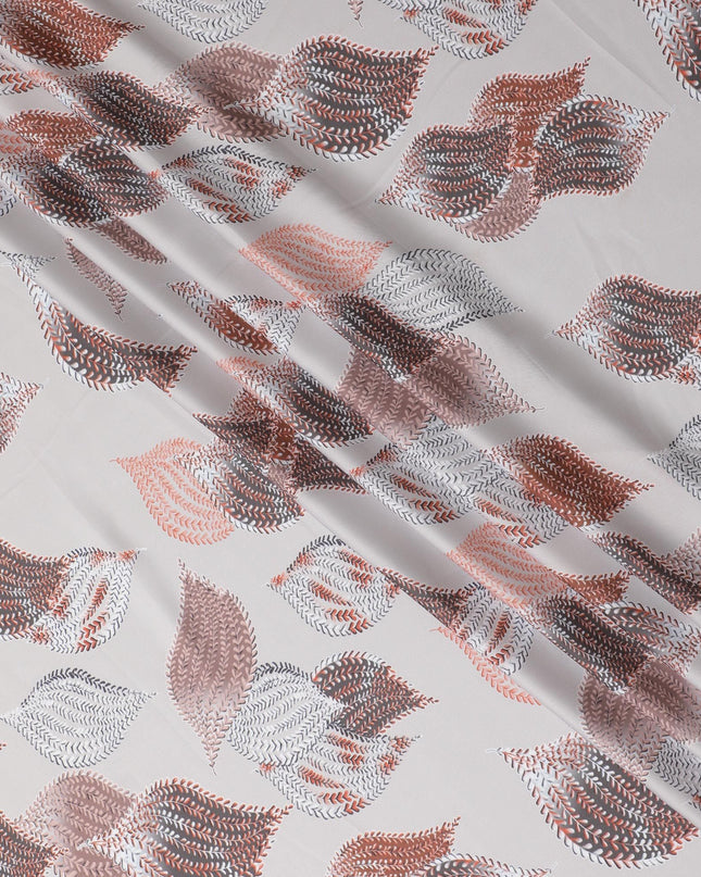 Beige synthetic satin fabric with multicolor print in leaf design-D16837