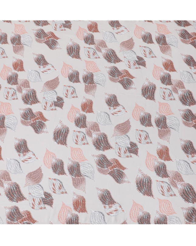 Beige synthetic satin fabric with multicolor print in leaf design-D16837