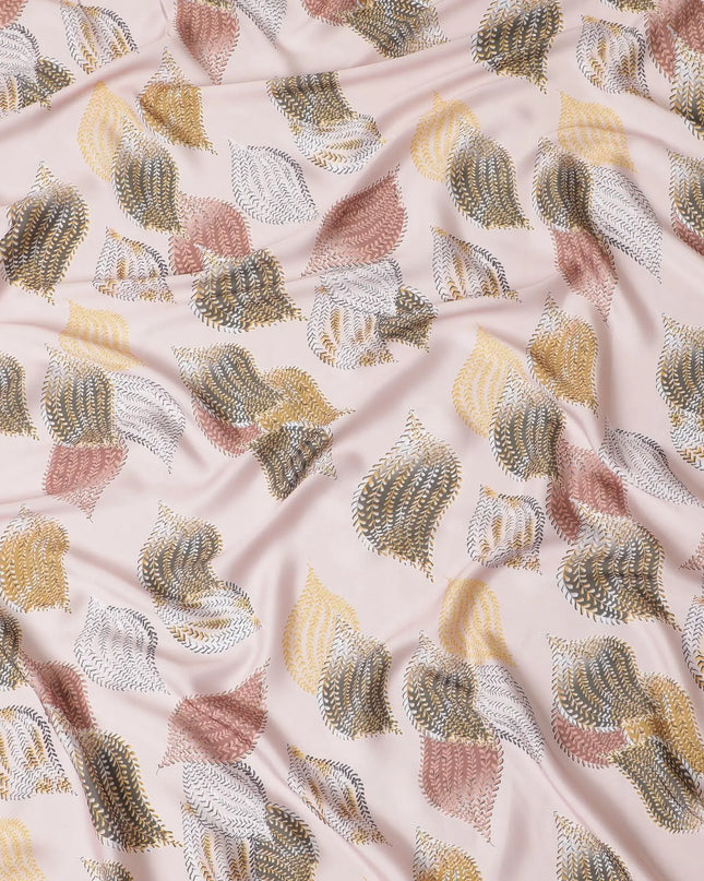 Peach synthetic satin fabric with multicolor print in leaf design-D16839 Regal Fabrics