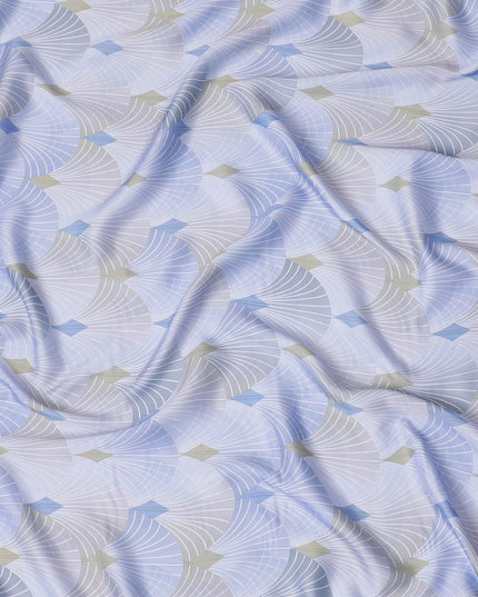 Light lavender synthetic satin fabric with multicolor print in leaf design-D16843