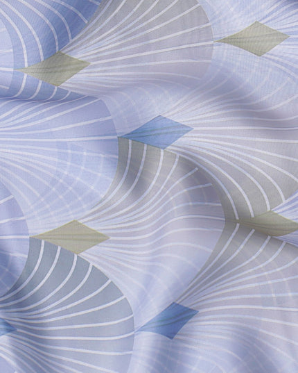 Light lavender synthetic satin fabric with multicolor print in leaf design-D16843