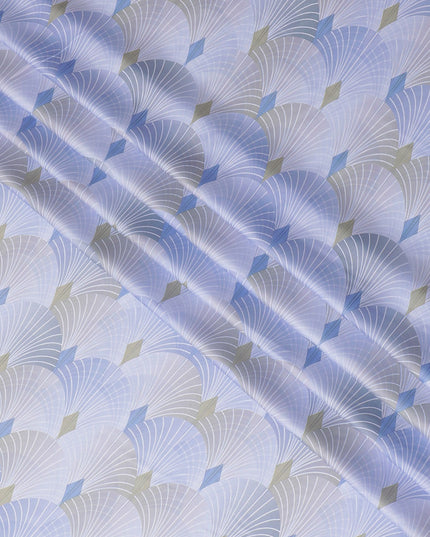 Light lavender synthetic satin fabric with multicolor print in leaf design-D16843