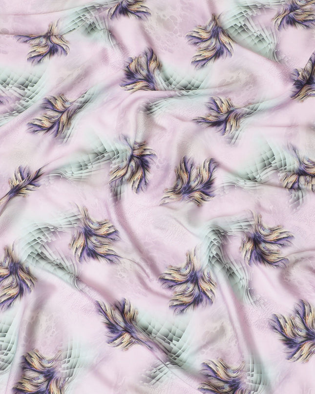 Baby pink synthetic satin fabric with multicolor print in abstract design-D16844