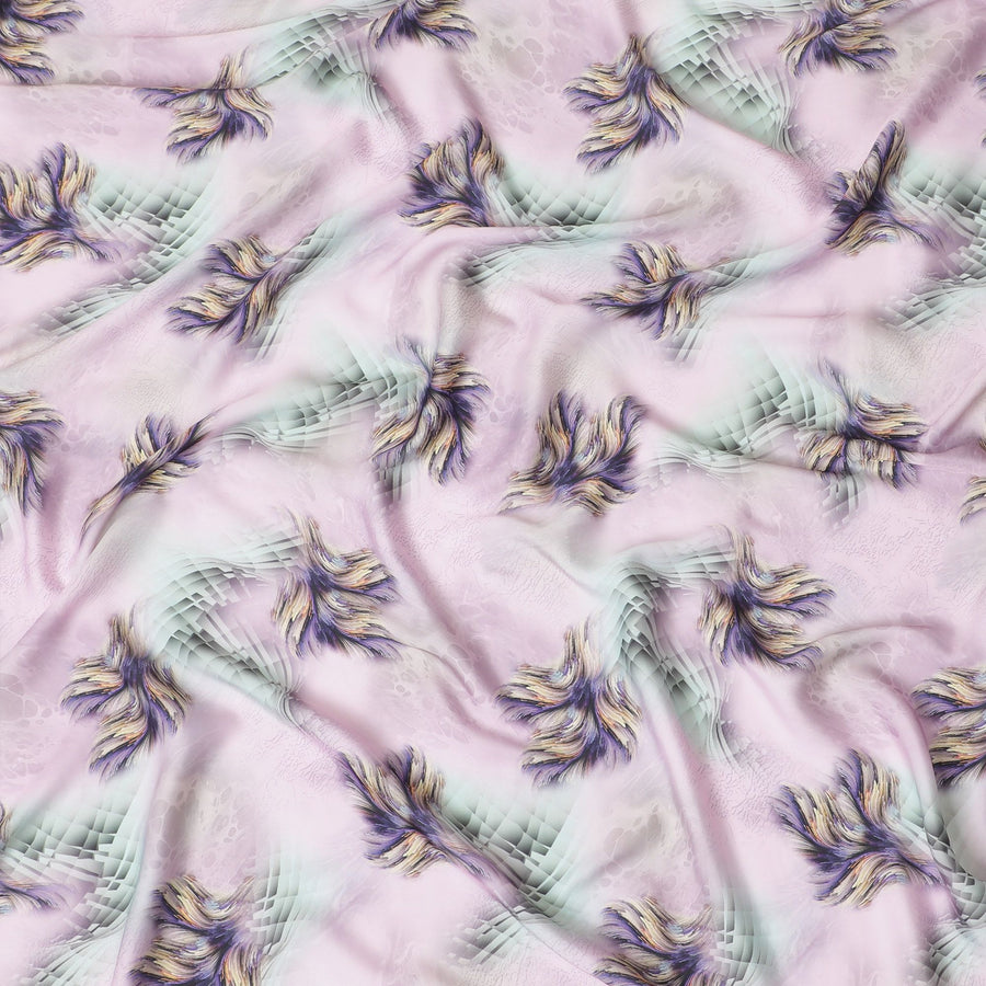 Baby pink synthetic satin fabric with multicolor print in abstract design-D16844