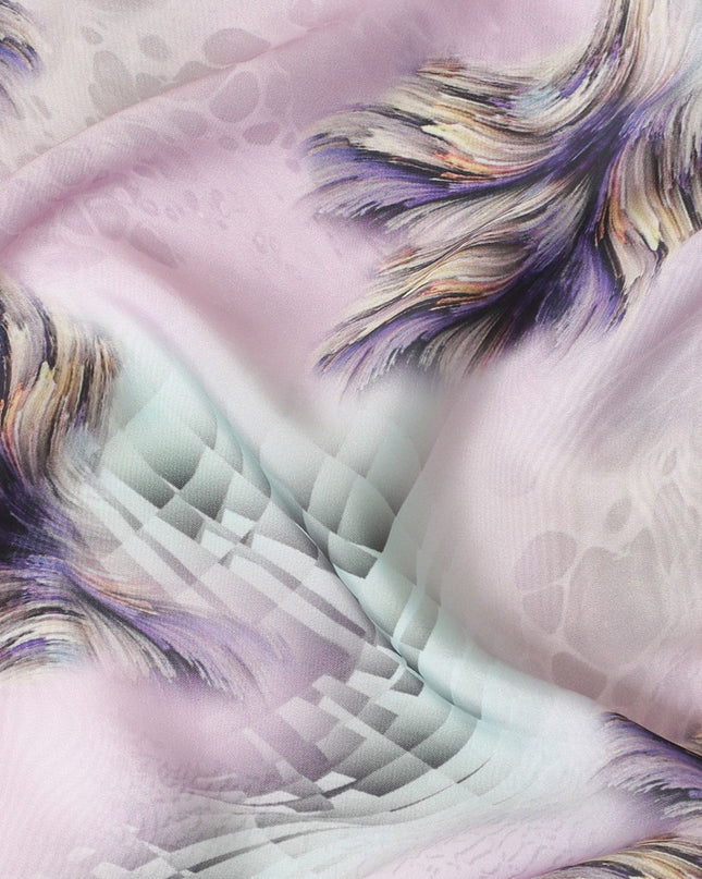 Baby pink synthetic satin fabric with multicolor print in abstract design-D16844