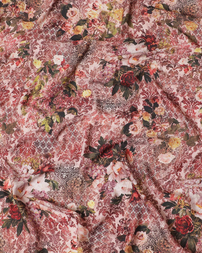 Cream synthetic satin fabric with multicolor print in floral design-D16849 Regal Fabrics