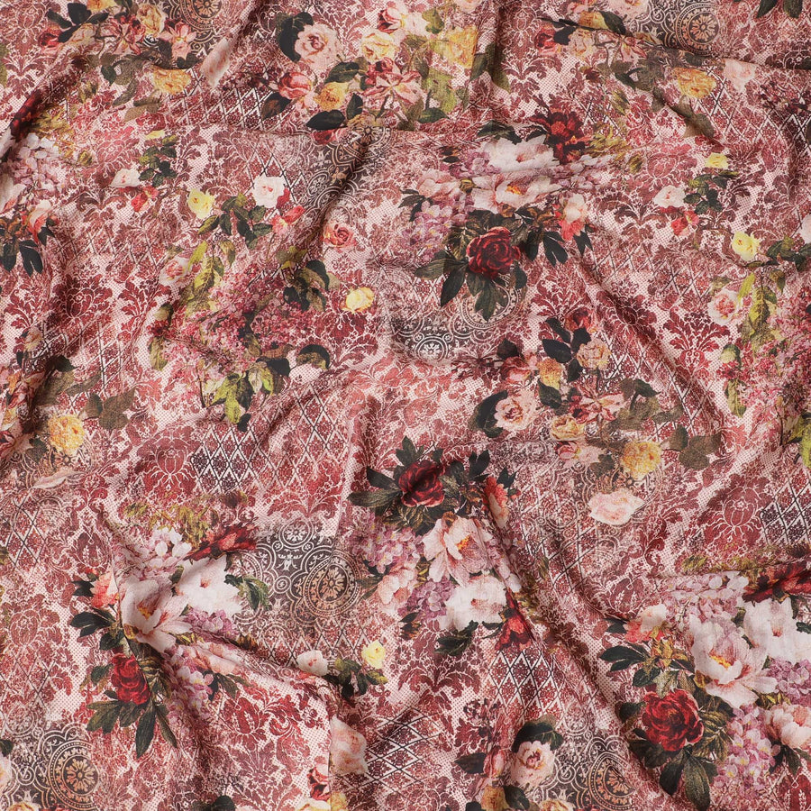 قماش ساتان صناعي كريمي مع طباعة متعددة الألوان بتصميم زهور-D16849