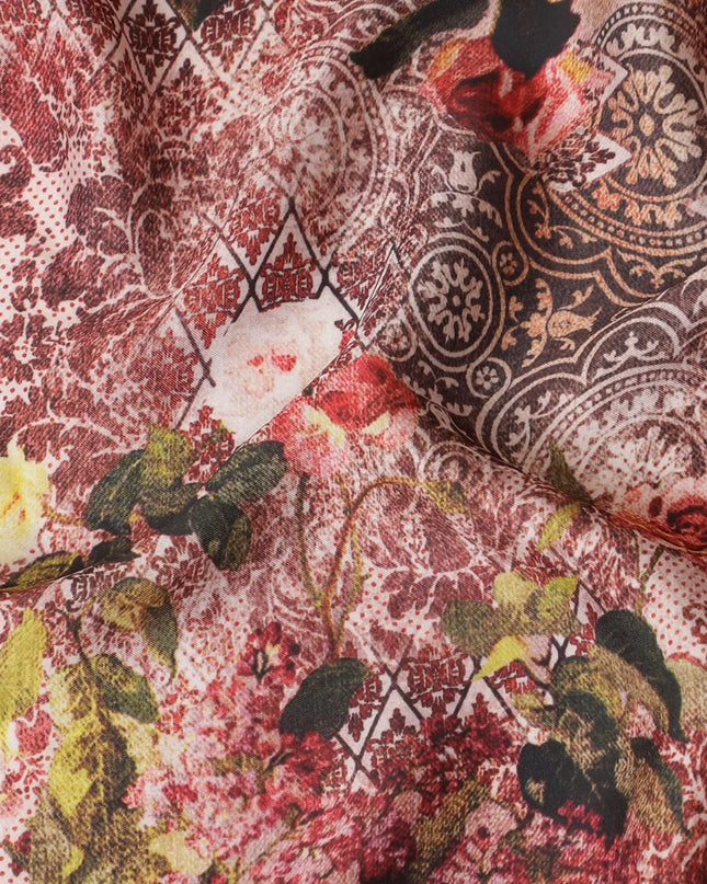 Cream synthetic satin fabric with multicolor print in floral design-D16849 Regal Fabrics